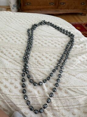 Long Hematite Bead Necklace in Glossy Grey